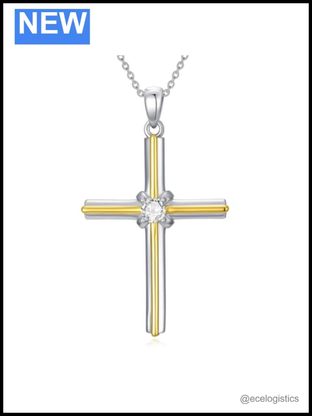 925 Sterling Silver Moissanite Cross Necklace Two Tone 18-20 Inch